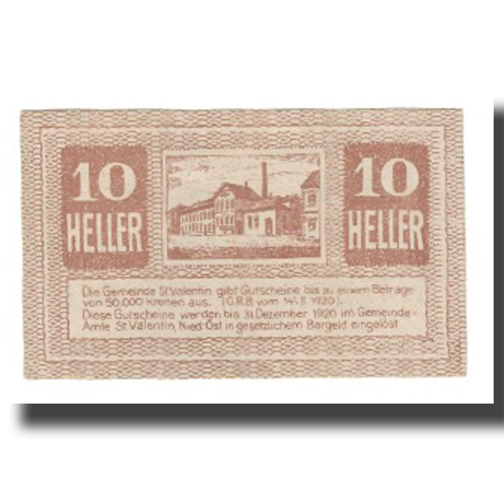 Banknote, Austria, St. Valentin N.Ö. Gemeinde, 10 Heller, Batiment, 1920