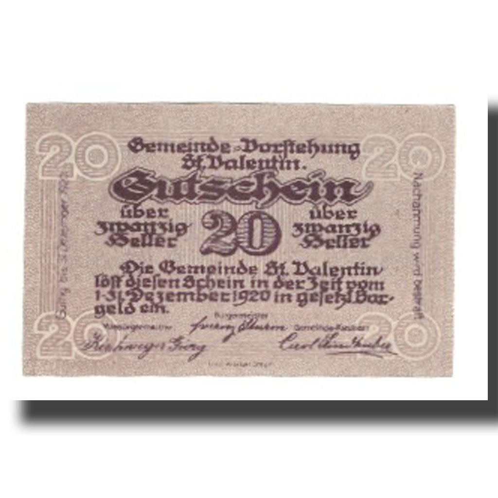 Banknot, Austria, St. Valentin N.Ö. Gemeinde, 20 Heller, batiment 1, 1920