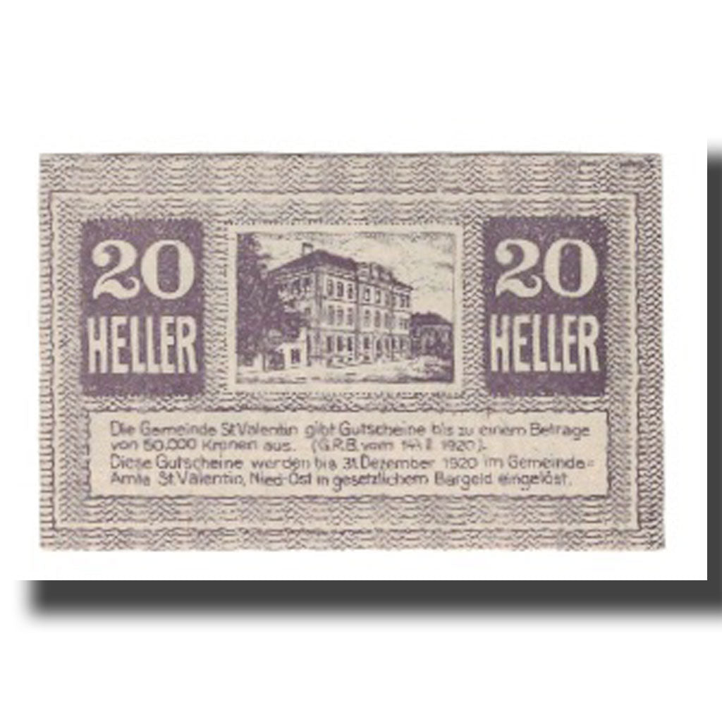 Banknot, Austria, St. Valentin N.Ö. Gemeinde, 20 Heller, batiment 1, 1920