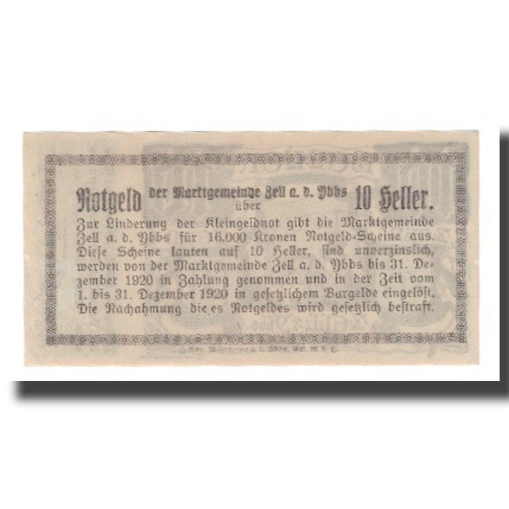 Banconote, Austria, Zell An Der Ybbs N.Ö. Marktgemeinde, 10 Heller, Texte