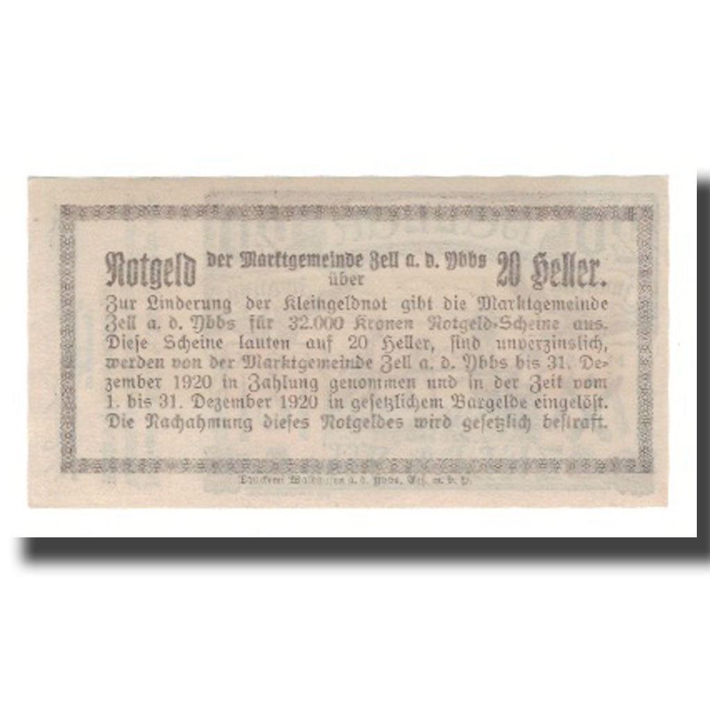 Banknot, Austria, Zell An Der Ybbs N.Ö. Marktgemeinde, 20 Heller, texte 1