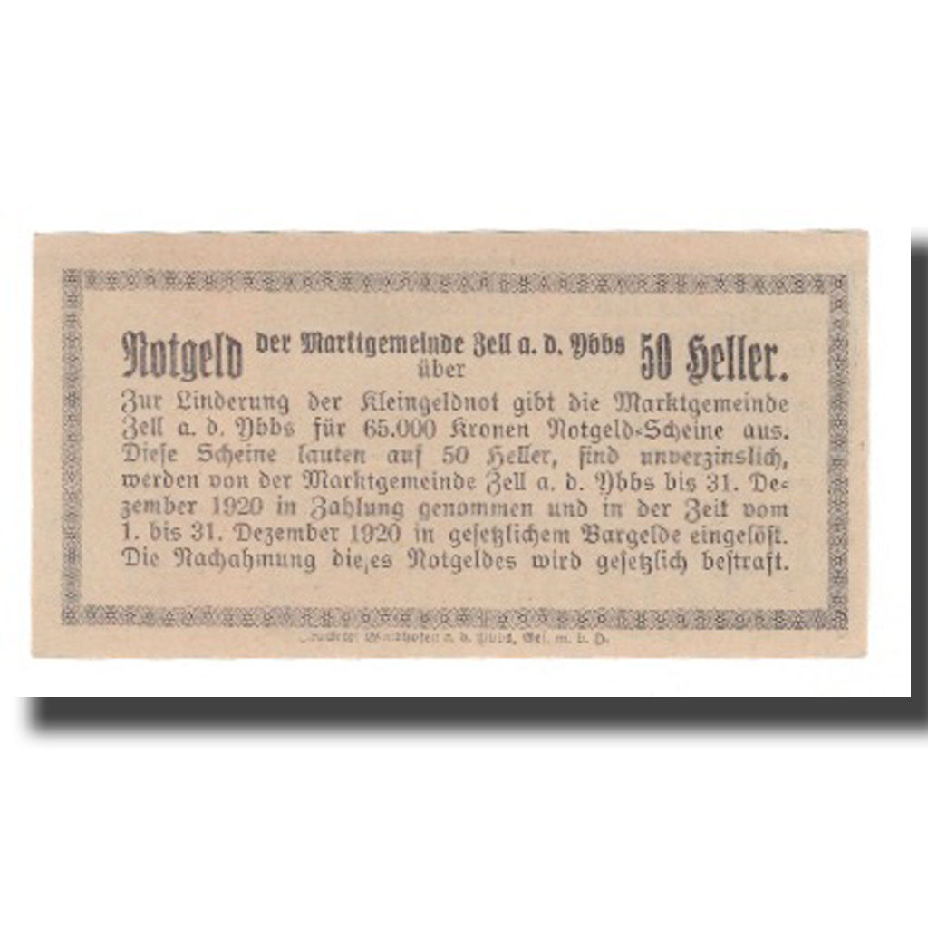 Geldschein, Österreich, Zell An Der Ybbs N.Ö. Marktgemeinde, 50 Heller, Texte