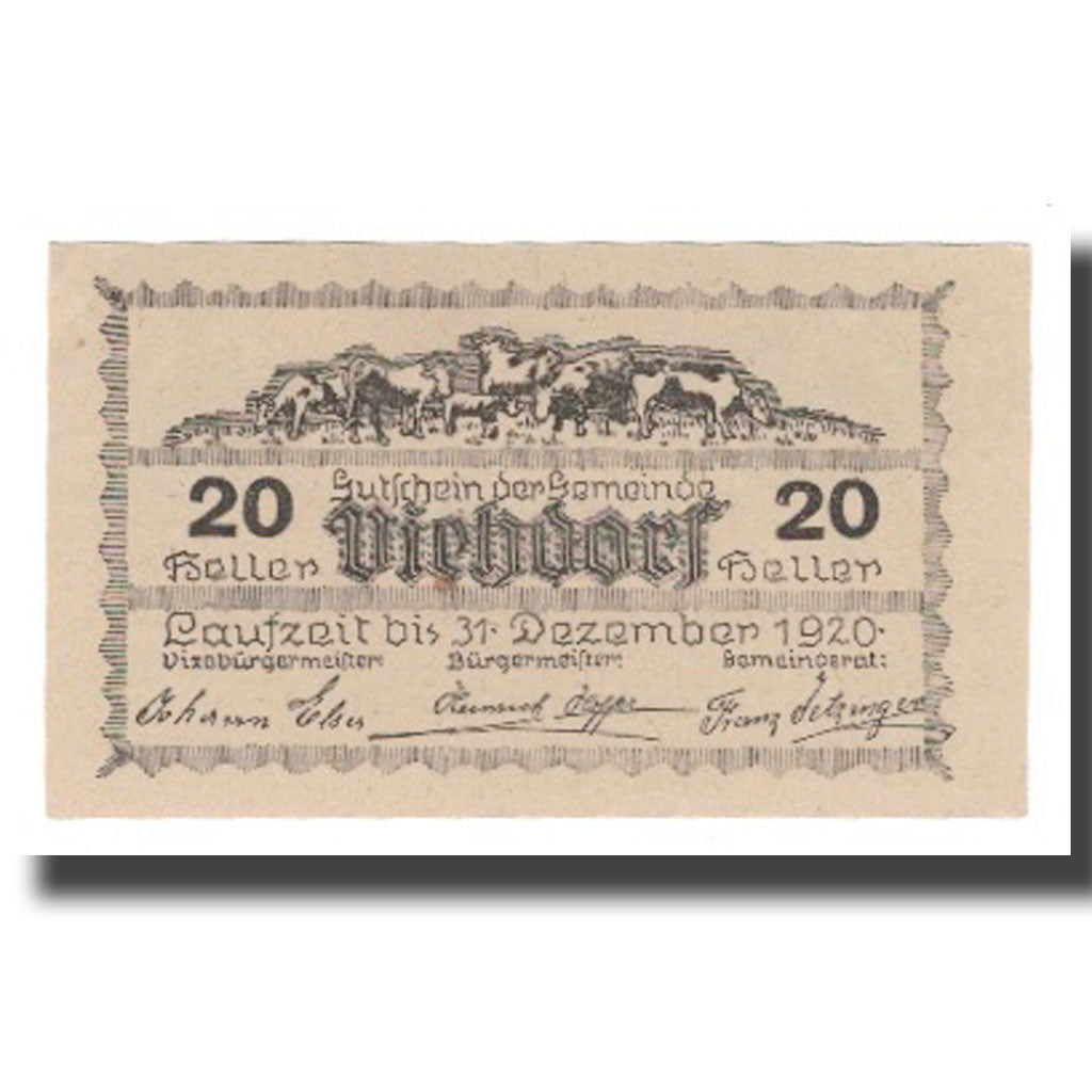 Geldschein, Österreich, Viehdorf N.Ö. Gemeinde, 20 Heller, vache 1, 1920