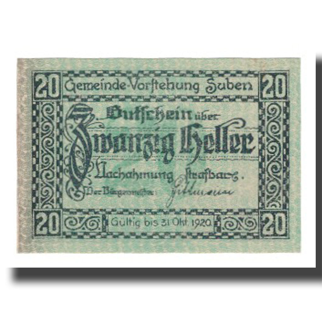 Banknote, Austria, Suben O.Ö. Gemeinde Vorstehung, 20 Heller, paysage, 1920
