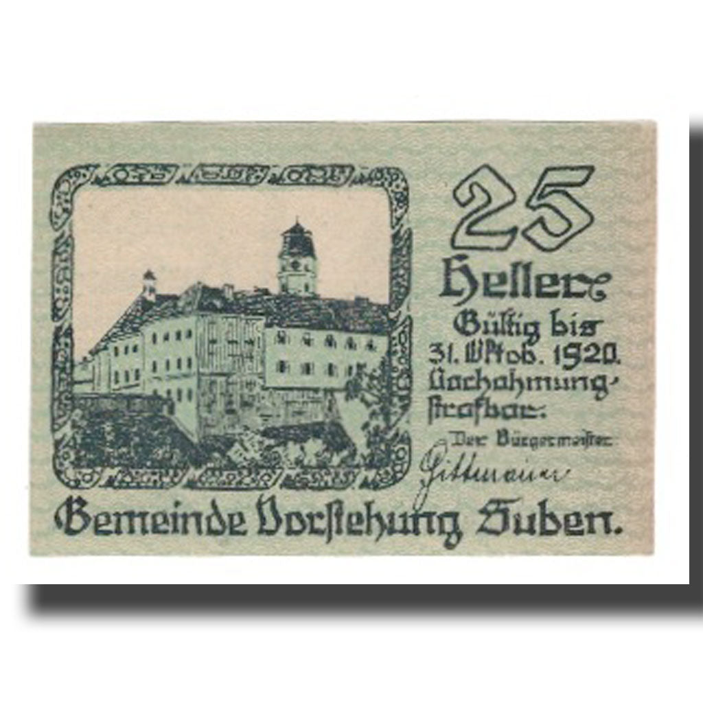 Banconote, Austria, Suben O.Ö. Gemeinde Vorstehung, 25 Heller, Batiment, 1920