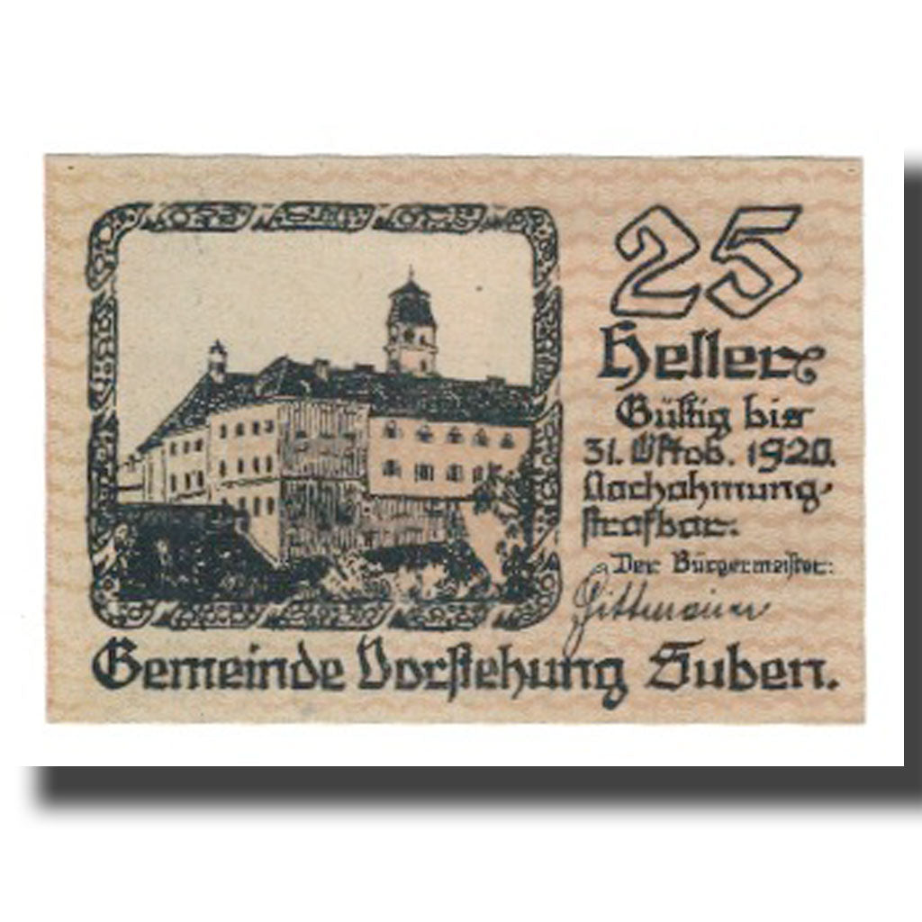 Banconote, Austria, Suben O.Ö. Gemeinde Vorstehung, 25 Heller, Batiment, 1920