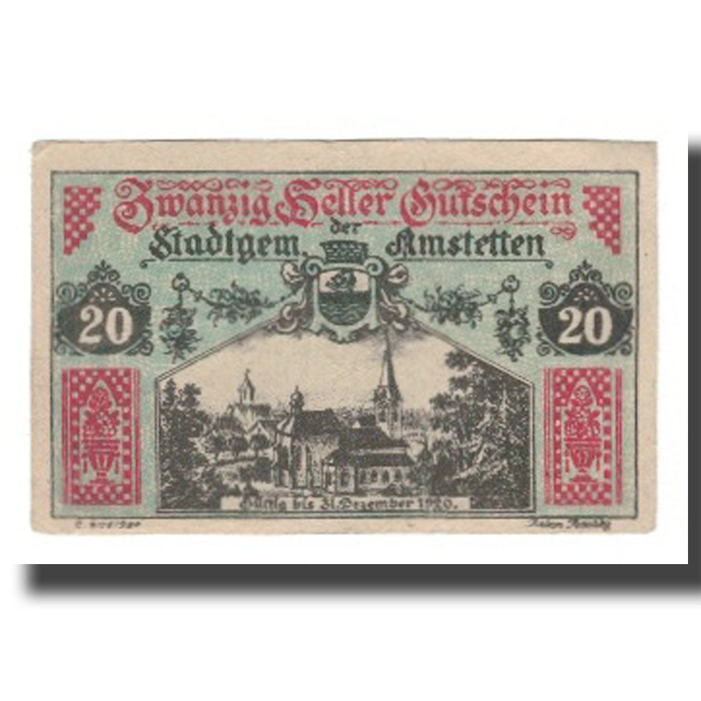 Geldschein, Österreich, Amstetten N.Ö. Stadtgemeinde, 20 Heller, Texte, 1920