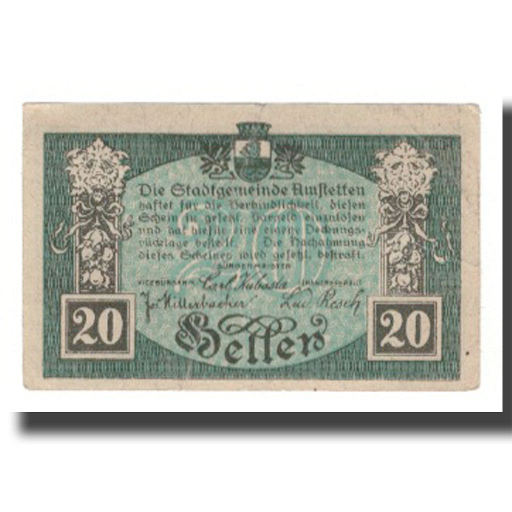 Geldschein, Österreich, Amstetten N.Ö. Stadtgemeinde, 20 Heller, Texte, 1920