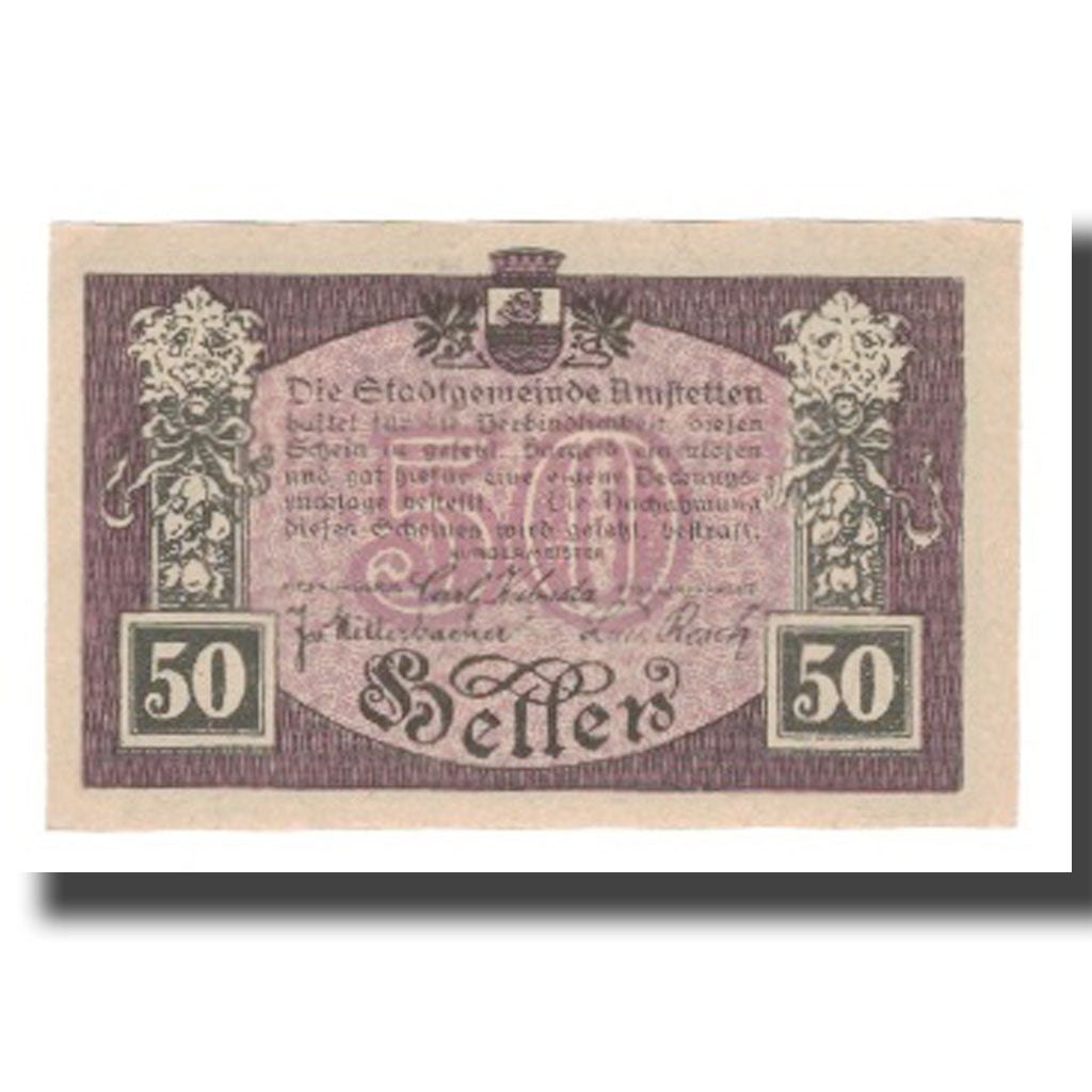 Geldschein, Österreich, Amstetten N.Ö. Stadtgemeinde, 50 Heller, texte 1