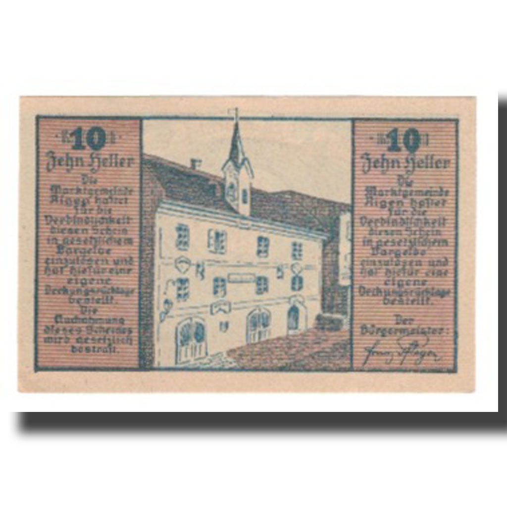 Geldschein, Österreich, Aigen O.Ö. Marktgemeinde, 10 Heller, batiment 1, 1920