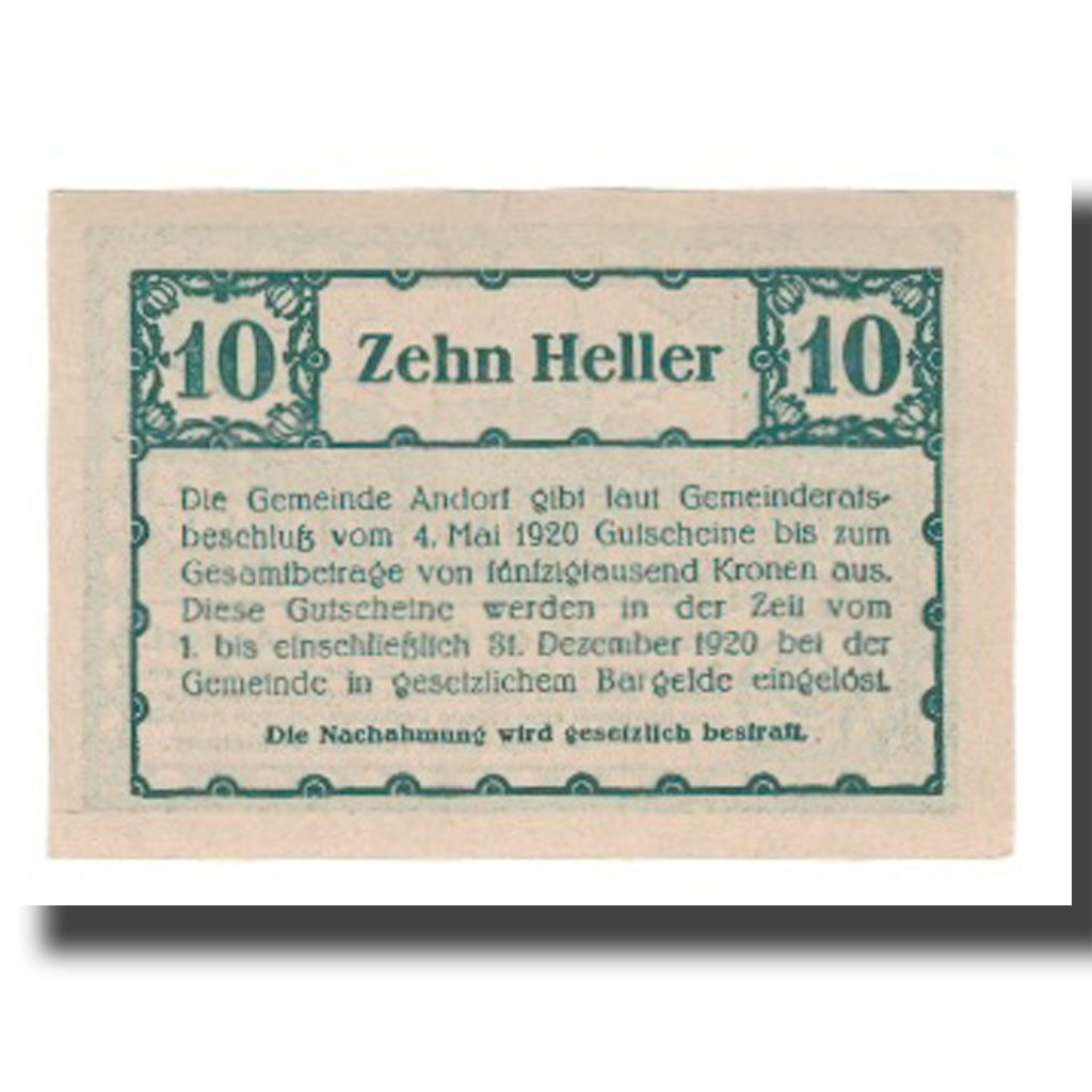 Banknote, Austria, Andorf O.Ö. Gemeinde, 10 Heller, Texte, 1920, 1920-12-31