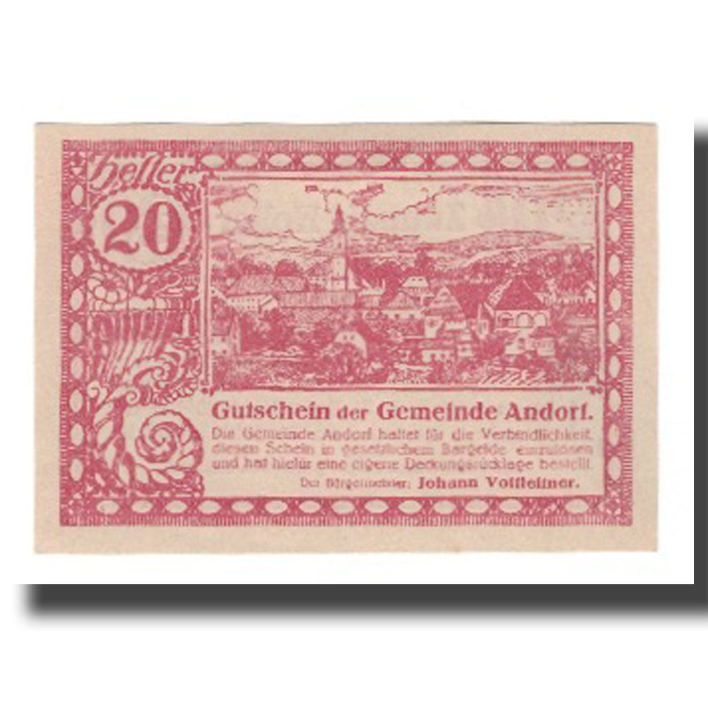Geldschein, Österreich, Andorf O.Ö. Gemeinde, 20 Heller, texte 1, 1920