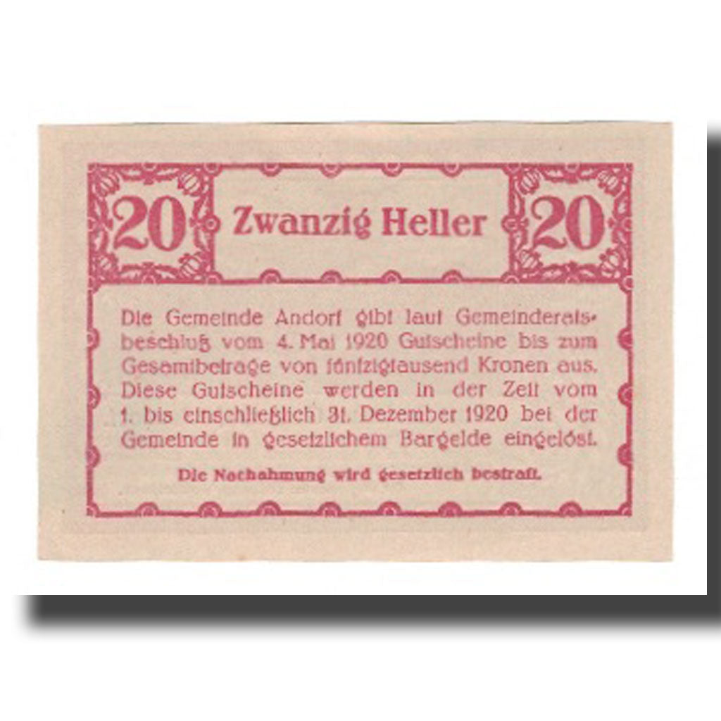 Geldschein, Österreich, Andorf O.Ö. Gemeinde, 20 Heller, texte 1, 1920