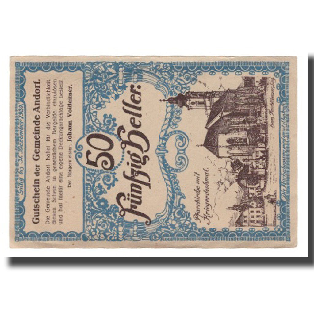 Banconote, Austria, Andorf O.Ö. Gemeinde, 50 Heller, Texte 2, 1920, 1920-12-31