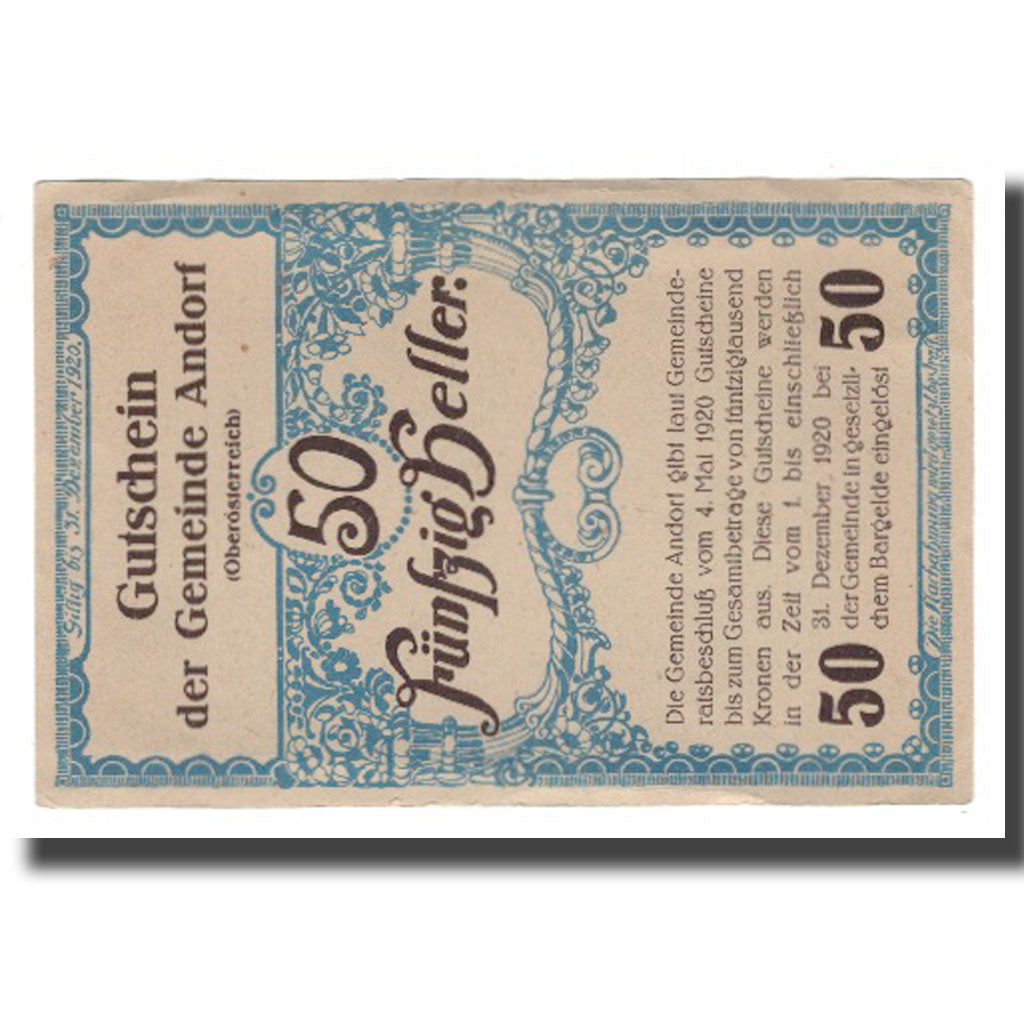 Banconote, Austria, Andorf O.Ö. Gemeinde, 50 Heller, Texte 2, 1920, 1920-12-31