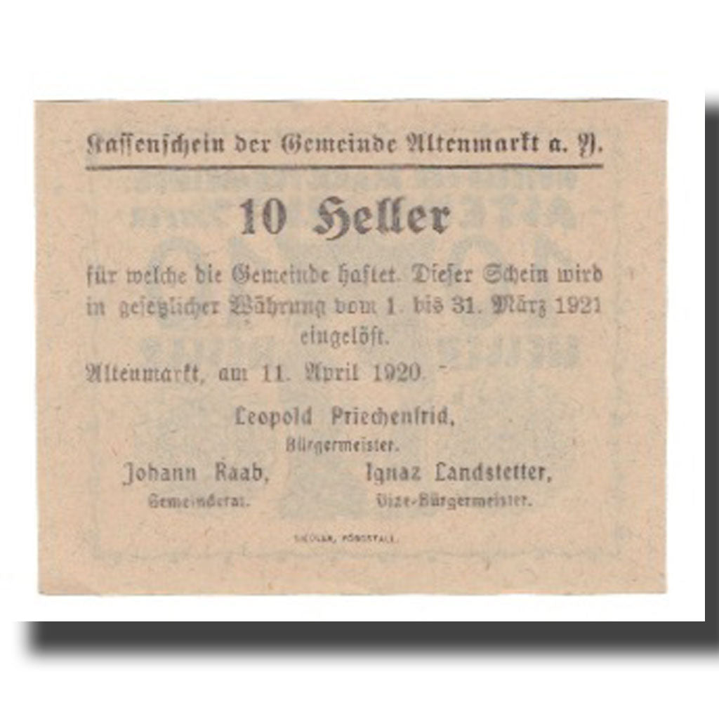 Nota, Áustria, Altenmarkt a.d. Ysper N.Ö. Gemeinde, 10 Heller, Texte, 1921