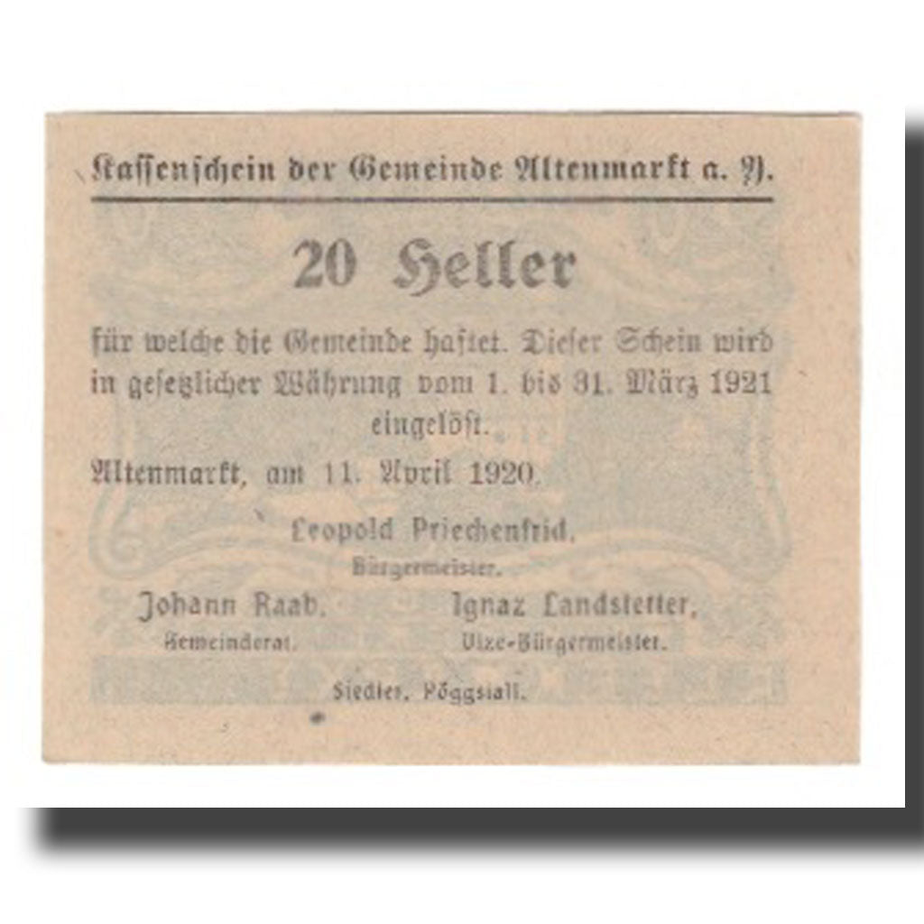 Banknot, Austria, Altenmarkt a.d. Ysper N.Ö. Gemeinde, 20 Heller, texte 1