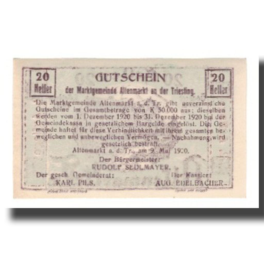 Banknote, Austria, Altenmarkt a.d. Triesting N.Ö. Markgemeinde, 20 Heller