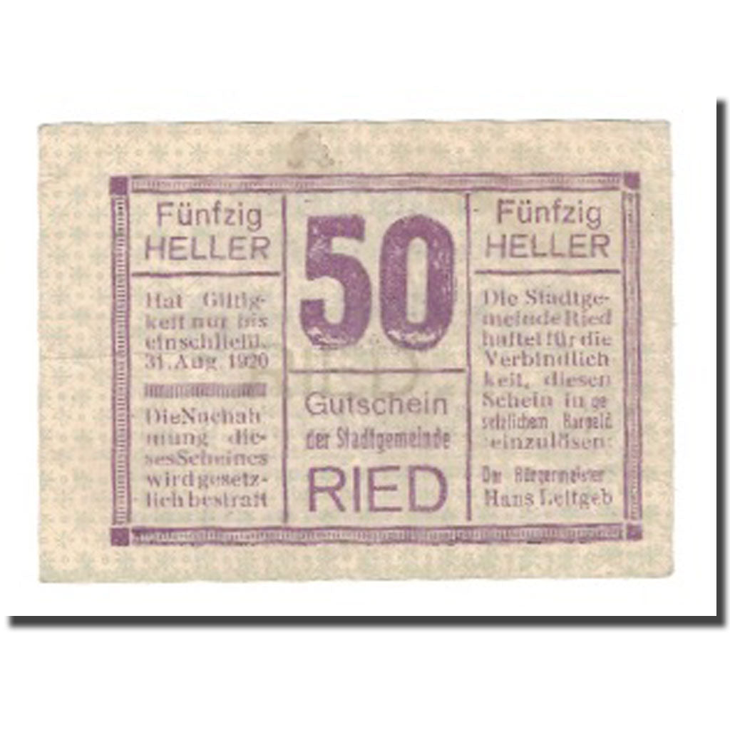 Geldschein, Österreich, Ried im Innkreis O.Ö. Stadtgemeinde, 50 Heller, texte