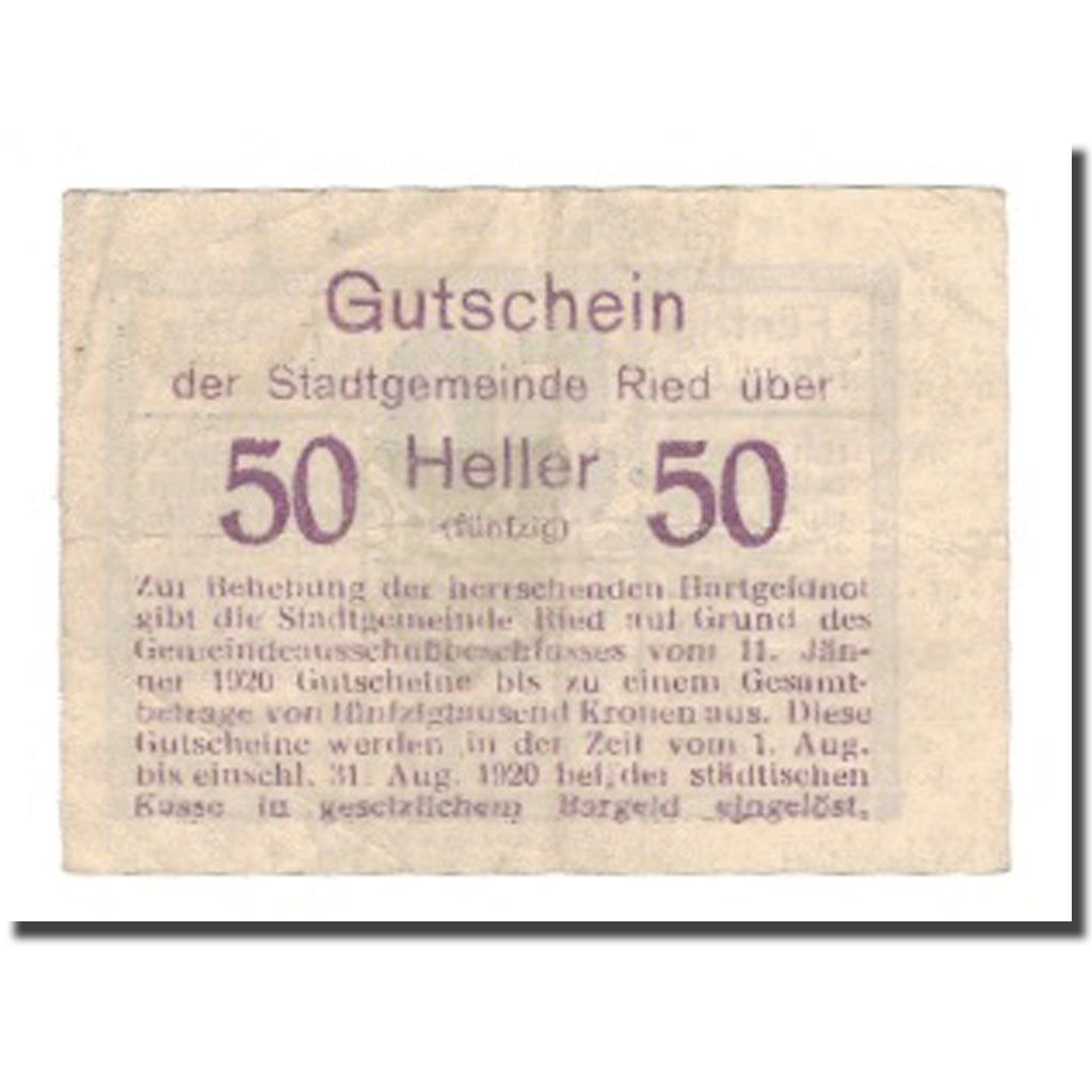 Geldschein, Österreich, Ried im Innkreis O.Ö. Stadtgemeinde, 50 Heller, texte