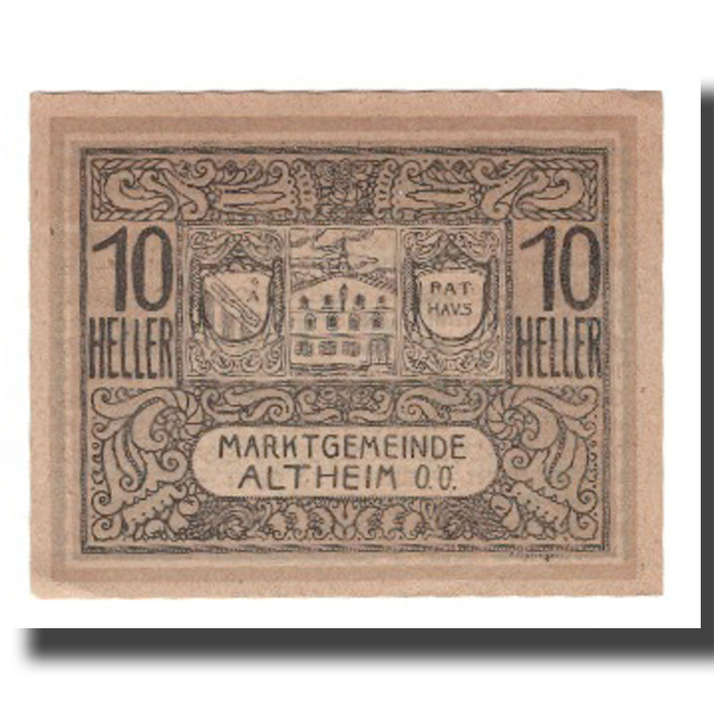 Banknot, Austria, Altheim O.Ö. Markgemeinde, 10 Heller, Texte, 1920