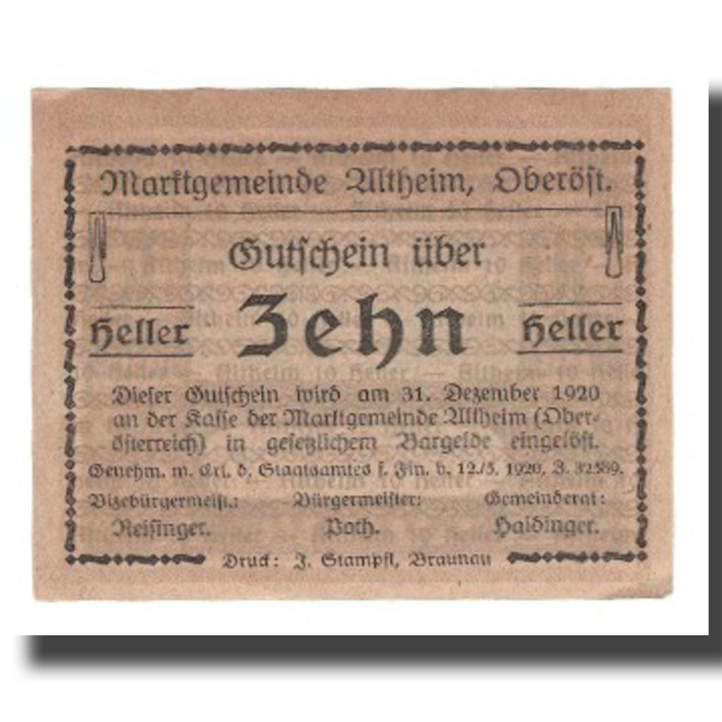 Banknot, Austria, Altheim O.Ö. Markgemeinde, 10 Heller, Texte, 1920