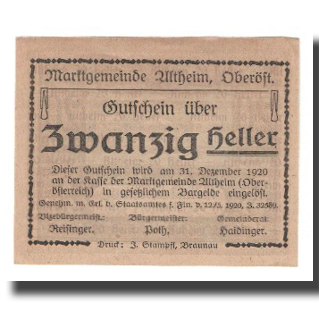 Geldschein, Österreich, Altheim O.Ö. Markgemeinde, 20 Heller, texte 1, 1920