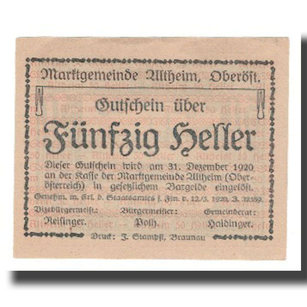 Geldschein, Österreich, Altheim O.Ö. Markgemeinde, 50 Heller, Texte 2, 1920
