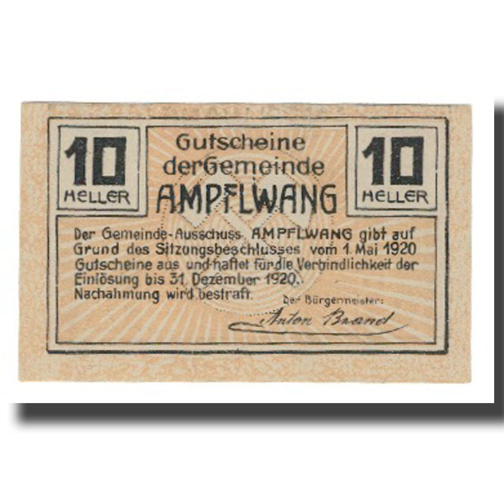Banknote, Austria, Ampflwang O.Ö. Gemeinde, 10 Heller, Mine, 1920, 1920-12-31