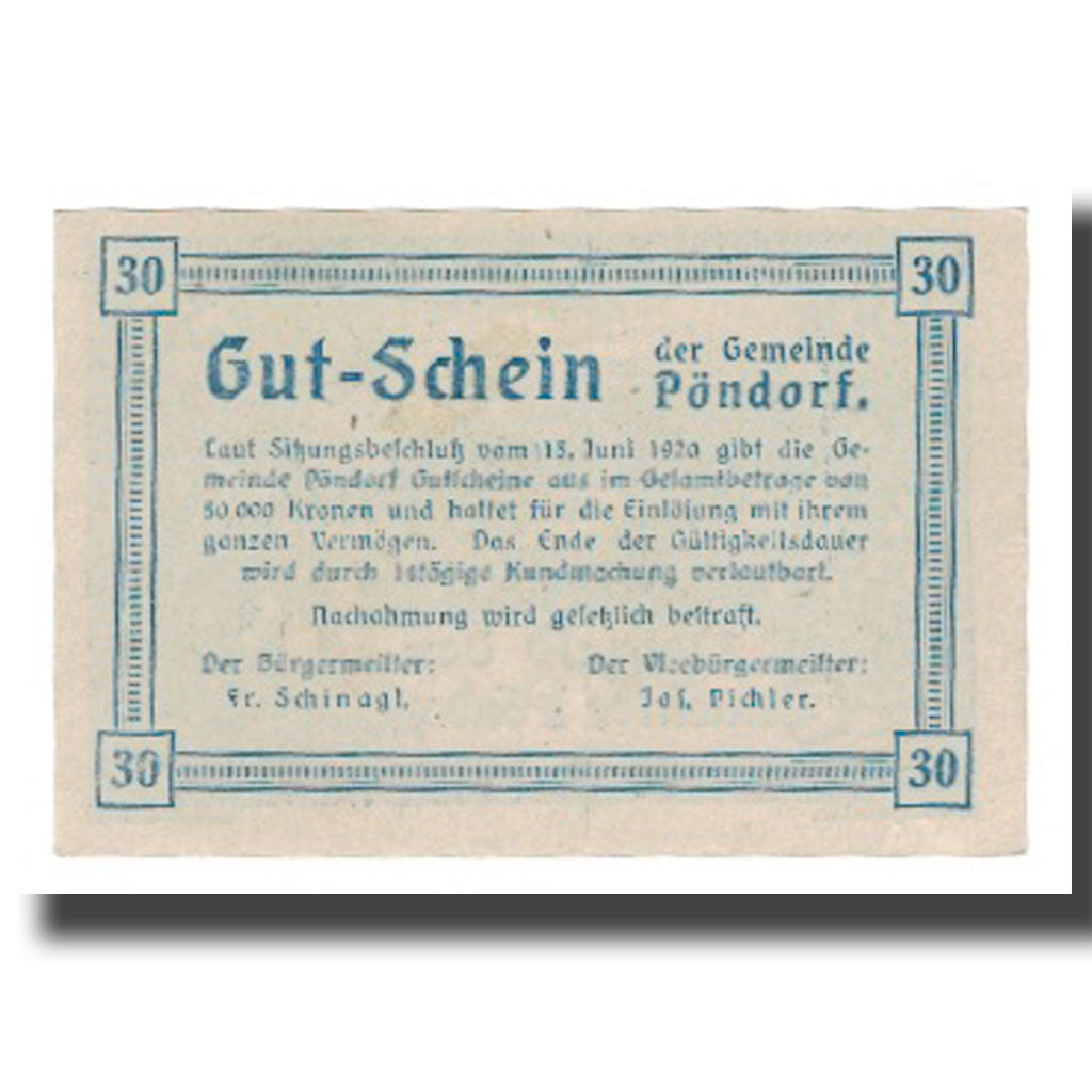 Banknot, Austria, Pöndorf O.Ö. Gemeinde, 30 Heller, Texte, 1920, Undated