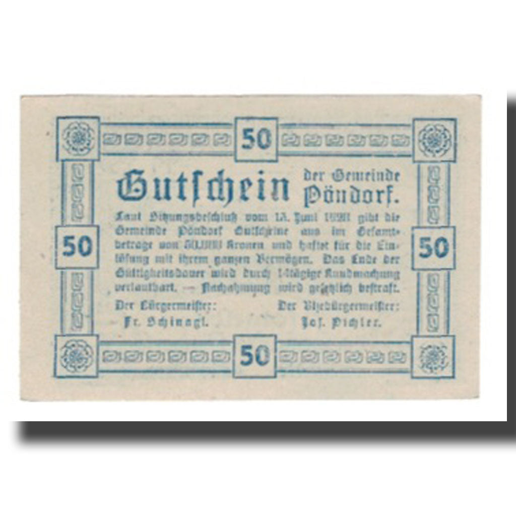 Geldschein, Österreich, Pöndorf O.Ö. Gemeinde, 50 Heller, texte 1, 1920, VZ