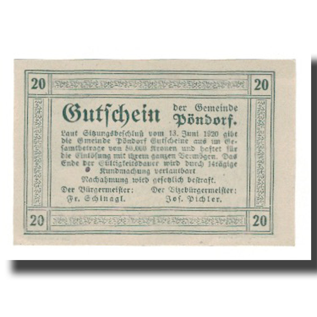Geldschein, Österreich, Pöndorf O.Ö. Gemeinde, 20 Heller, Texte 2, 1920, VZ