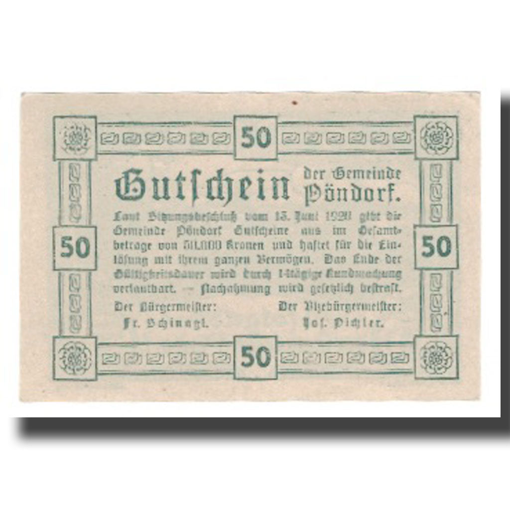 Banknot, Austria, Pöndorf O.Ö. Gemeinde, 50 Heller, Texte 3, 1920, Undated