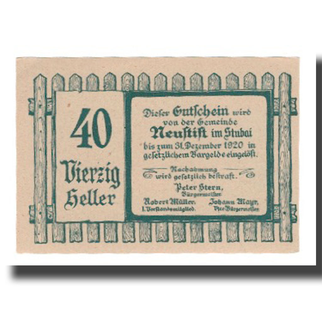 Banknote, Austria, Neustift im Stubaital Tirol Gemeinde, 40 Heller, Texte, 1920