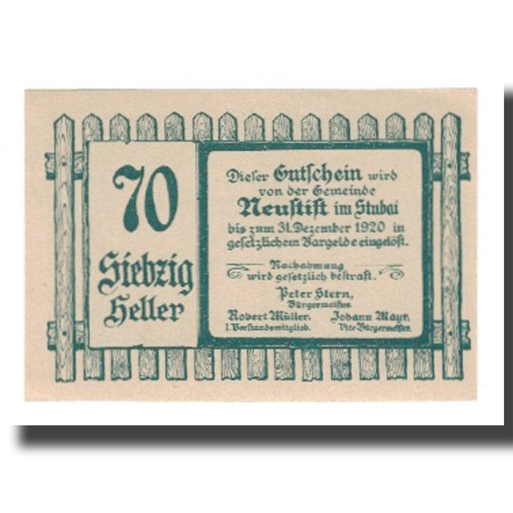 Banknote, Austria, Neustift im Stubaital Tirol Gemeinde, 70 Heller, texte 1