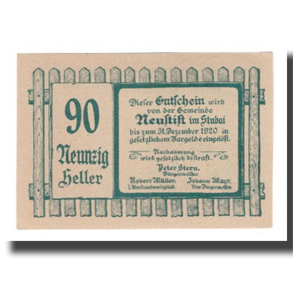 Nota, Áustria, Neustift im Stubaital Tirol Gemeinde, 90 Heller, Texte 2, 1920