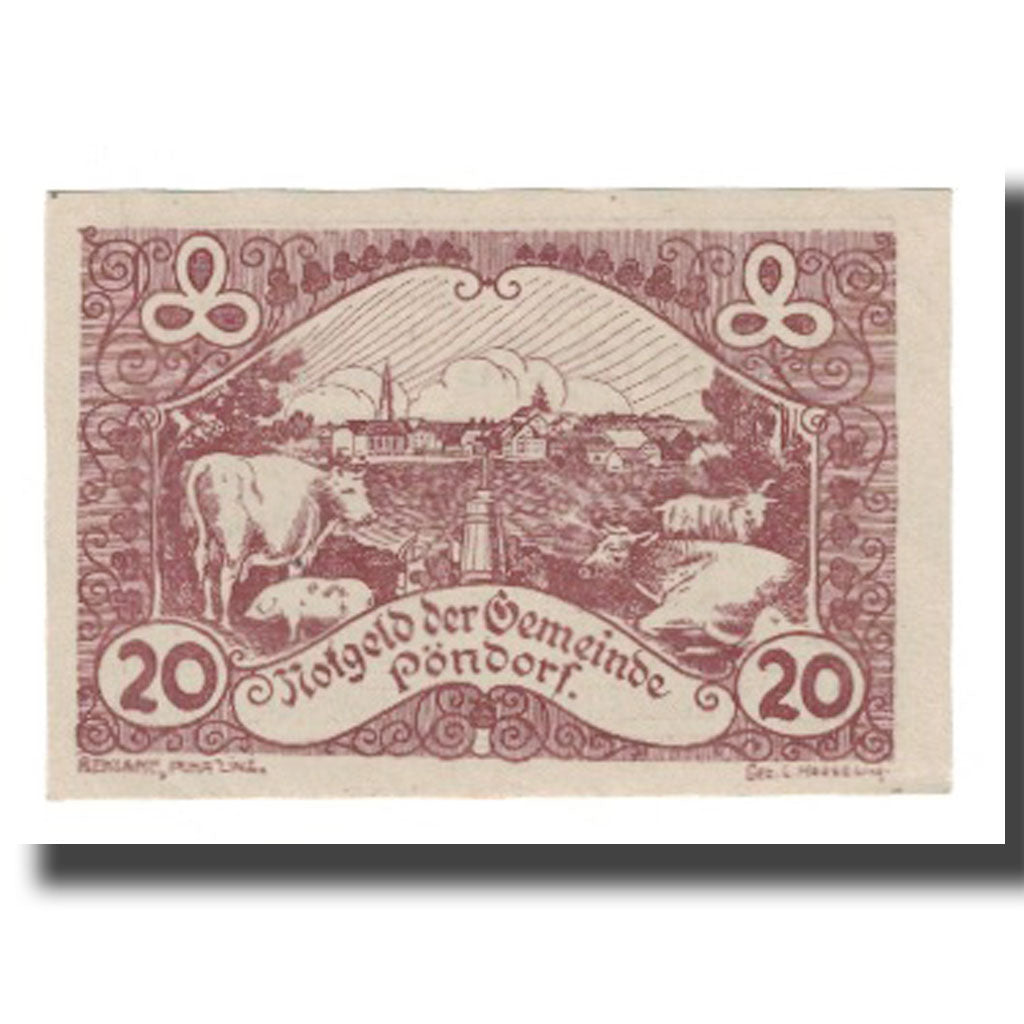 Geldschein, Österreich, Pöndorf O.Ö. Gemeinde, 20 Heller, Texte, 1920, VZ