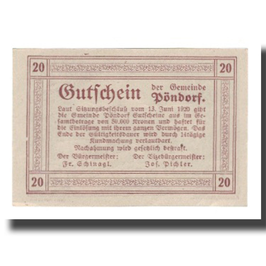 Geldschein, Österreich, Pöndorf O.Ö. Gemeinde, 20 Heller, Texte, 1920, VZ