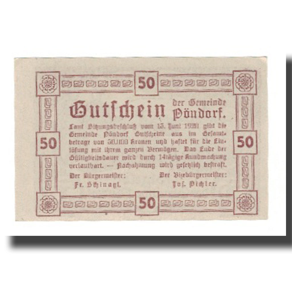 Banknot, Austria, Pöndorf O.Ö. Gemeinde, 50 Heller, Texte 2, 1920, Undated