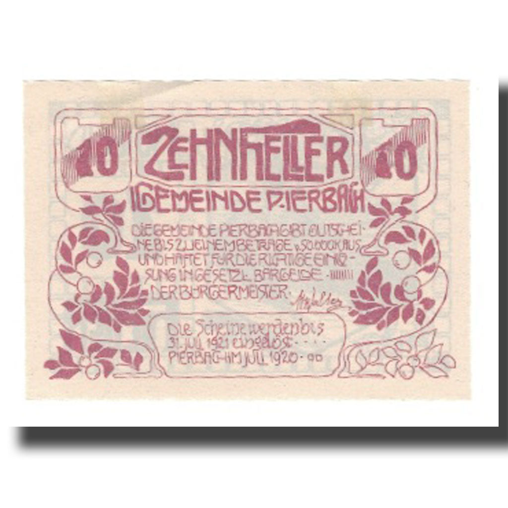 Geldschein, Österreich, Pierbach O.Ö. Gemeinde, 10 Heller, paysage, 1921, VZ