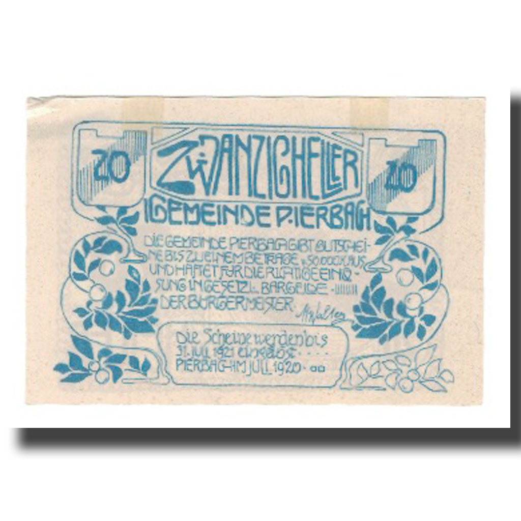 Banknot, Austria, Pierbach O.Ö. Gemeinde, 20 Heller, paysage 1, 1921, Undated