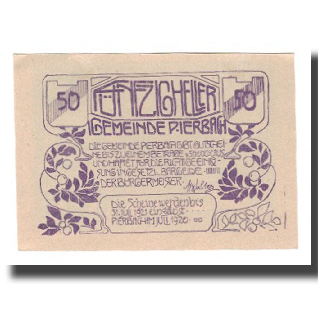 Banknot, Austria, Pierbach O.Ö. Gemeinde, 50 Heller, paysage 2, 1921, Undated