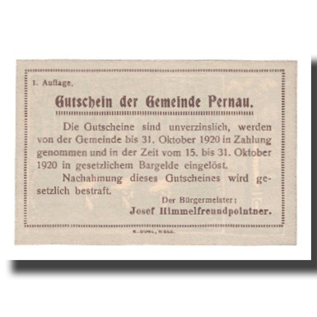 Banknot, Austria, Pernau O.Ö. Gemeinde, 10 Heller, Texte, 1920, 1920-10-31