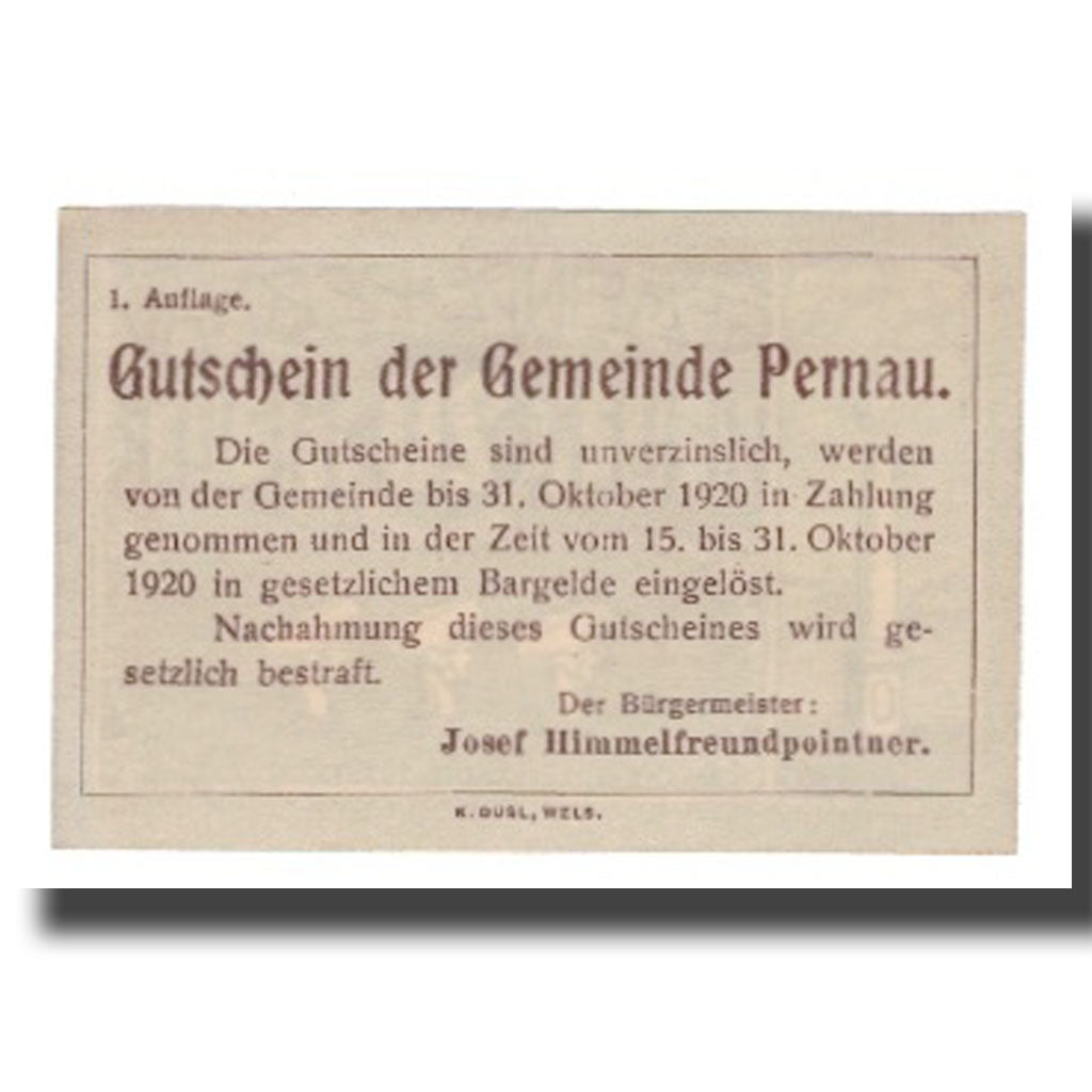 Banconote, Austria, Pernau O.Ö. Gemeinde, 20 Heller, texte 1, 1920, 1920-10-31