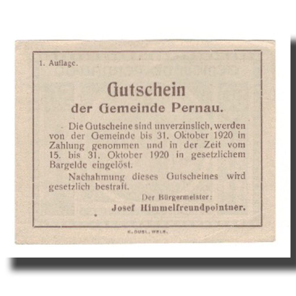 Banknot, Austria, Pernau O.Ö. Gemeinde, 50 Heller, Texte 2, 1920, 1920-10-31