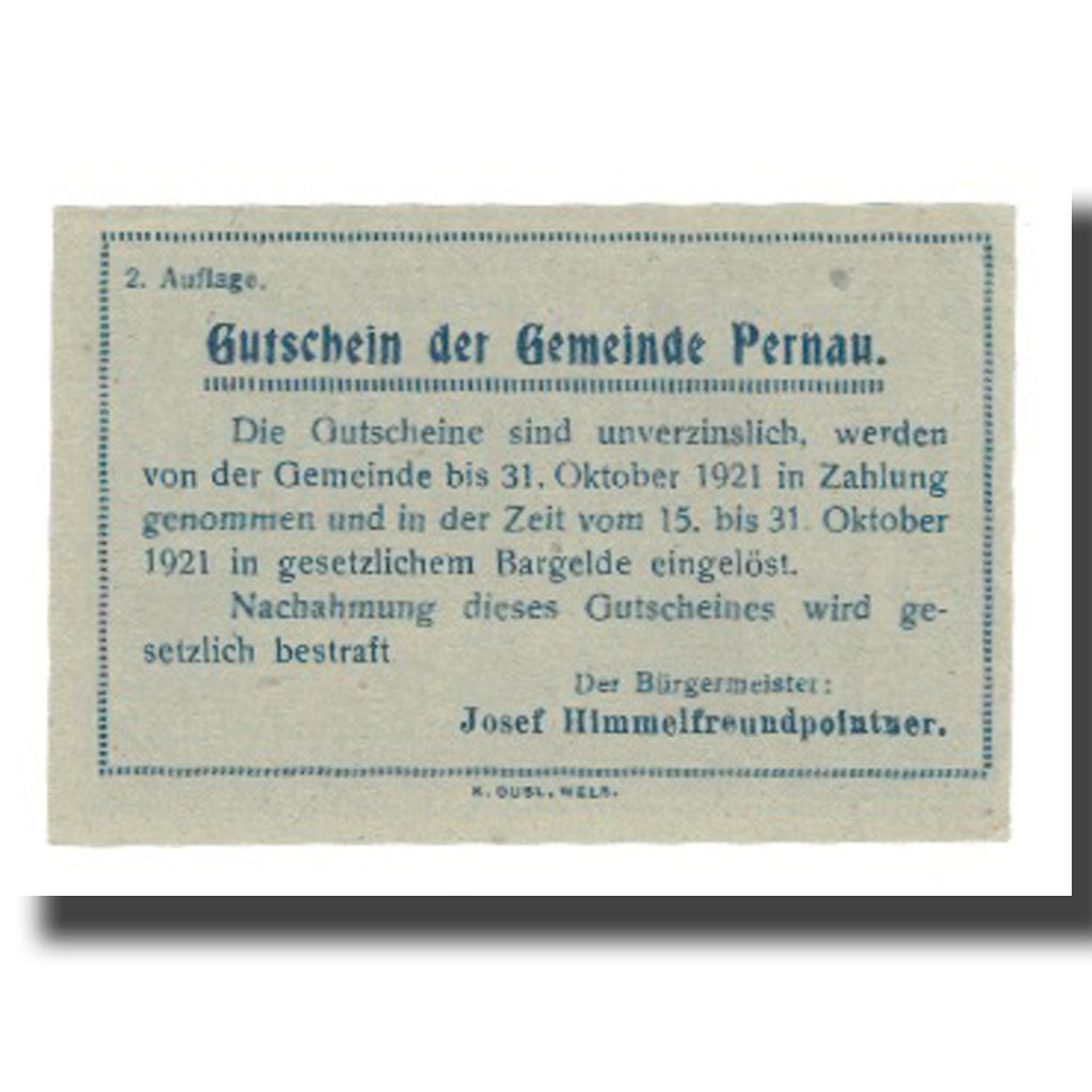 Banknot, Austria, Pernau O.Ö. Gemeinde, 10 Heller, Texte, 1920, 1920-10-31