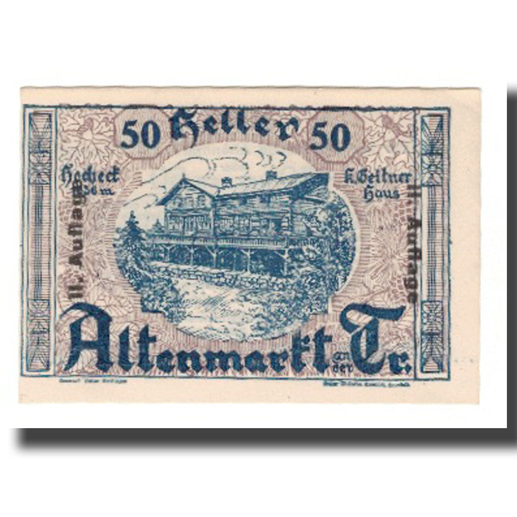 Banknot, Austria, Altenmarkt a.d. Triesting N.Ö. Markgemeinde, 50 Heller, texte