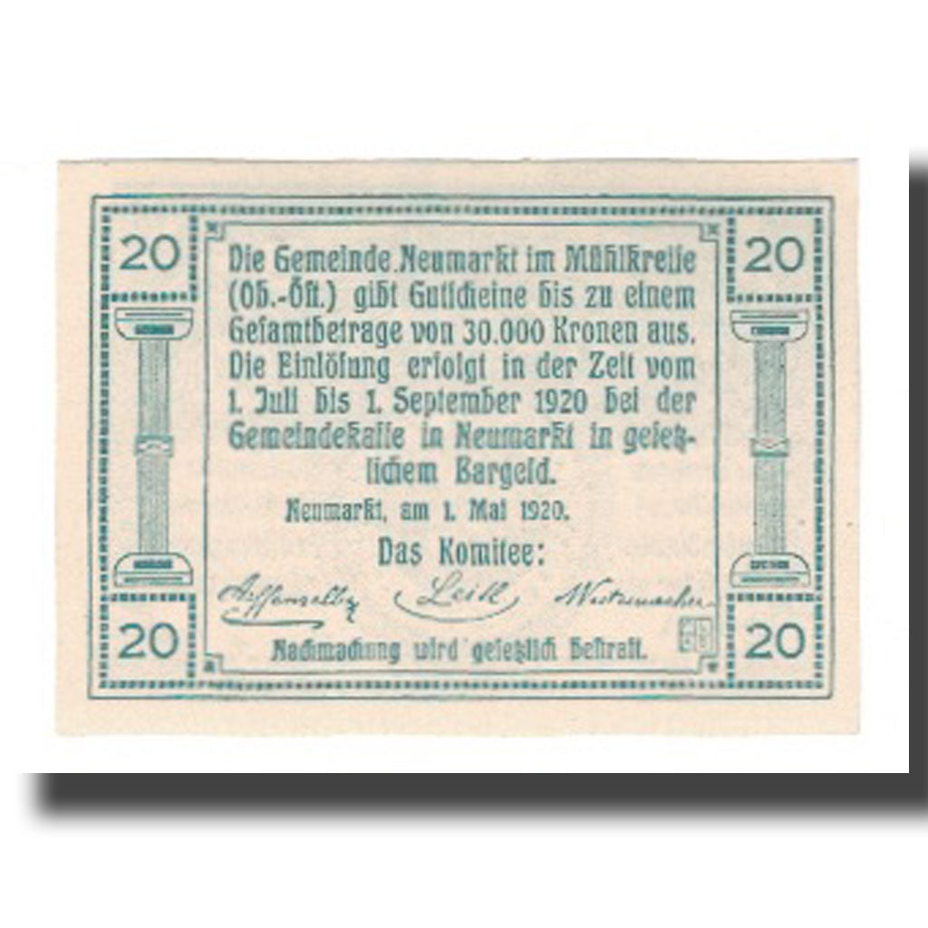 Banknote, Austria, Neumarkt im Mühlkreis O.Ö. Gemeinde, 20 Heller, texte 1