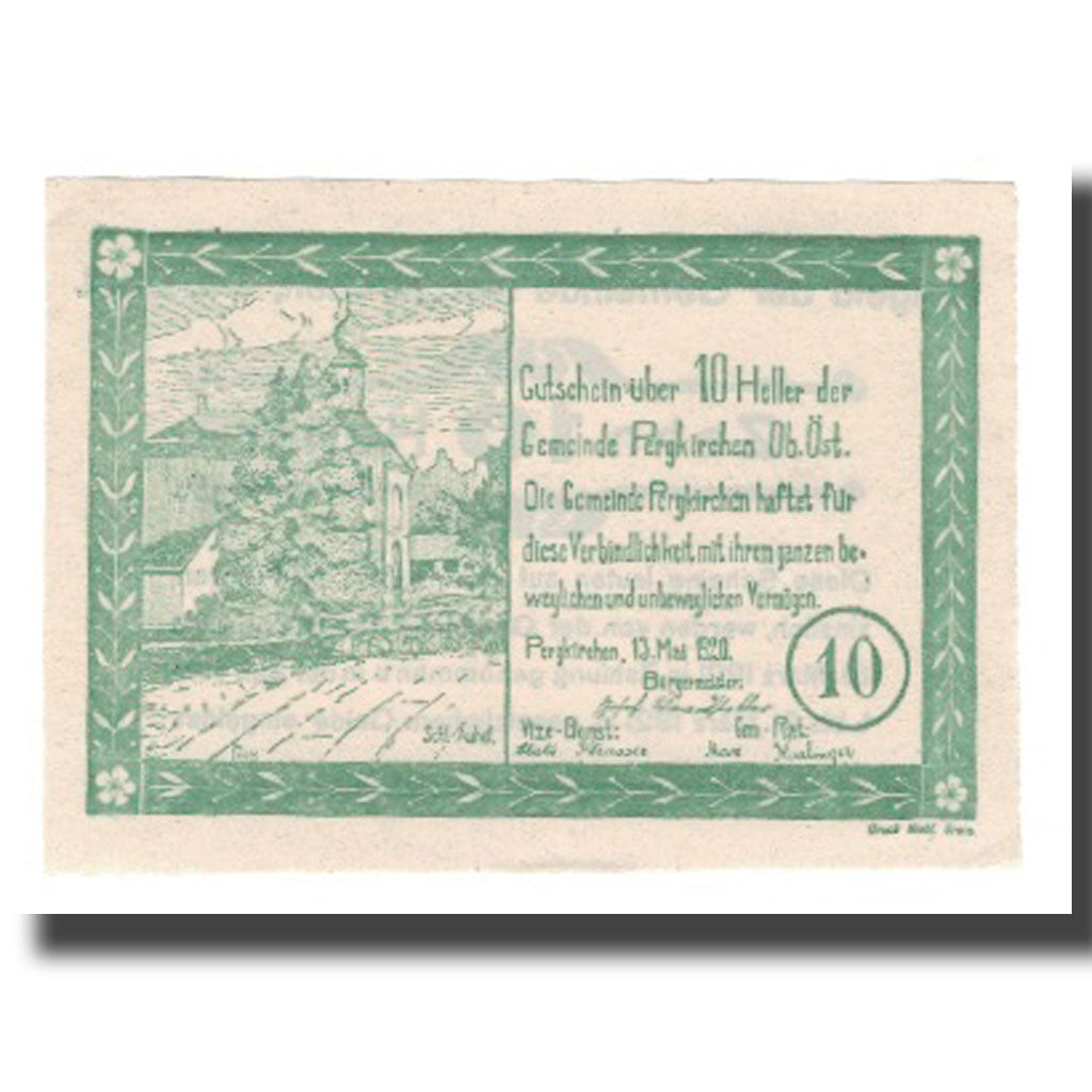 Banknot, Austria, Pergkirchen O.Ö. Gemeinde, 10 Heller, Texte, 1921