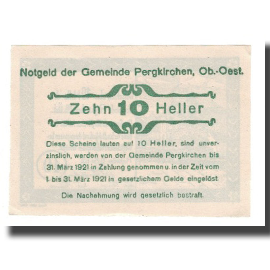 Banknot, Austria, Pergkirchen O.Ö. Gemeinde, 10 Heller, Texte, 1921